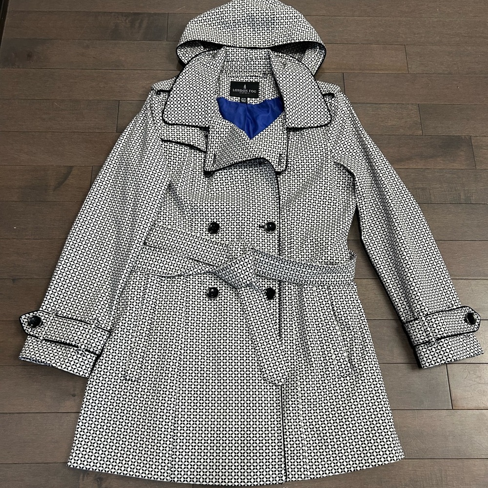 London Fog Black and White Patterned Trench Coat